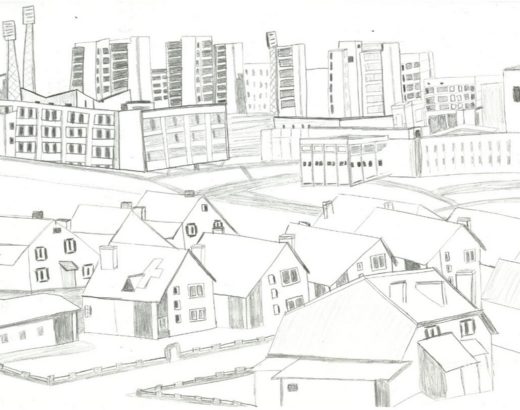 Un dessin qui représente la ville ukrainienne de Slavoutytch