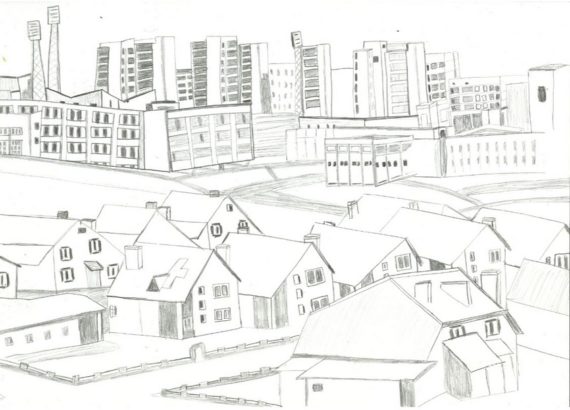 Un dessin qui représente la ville ukrainienne de Slavoutytch